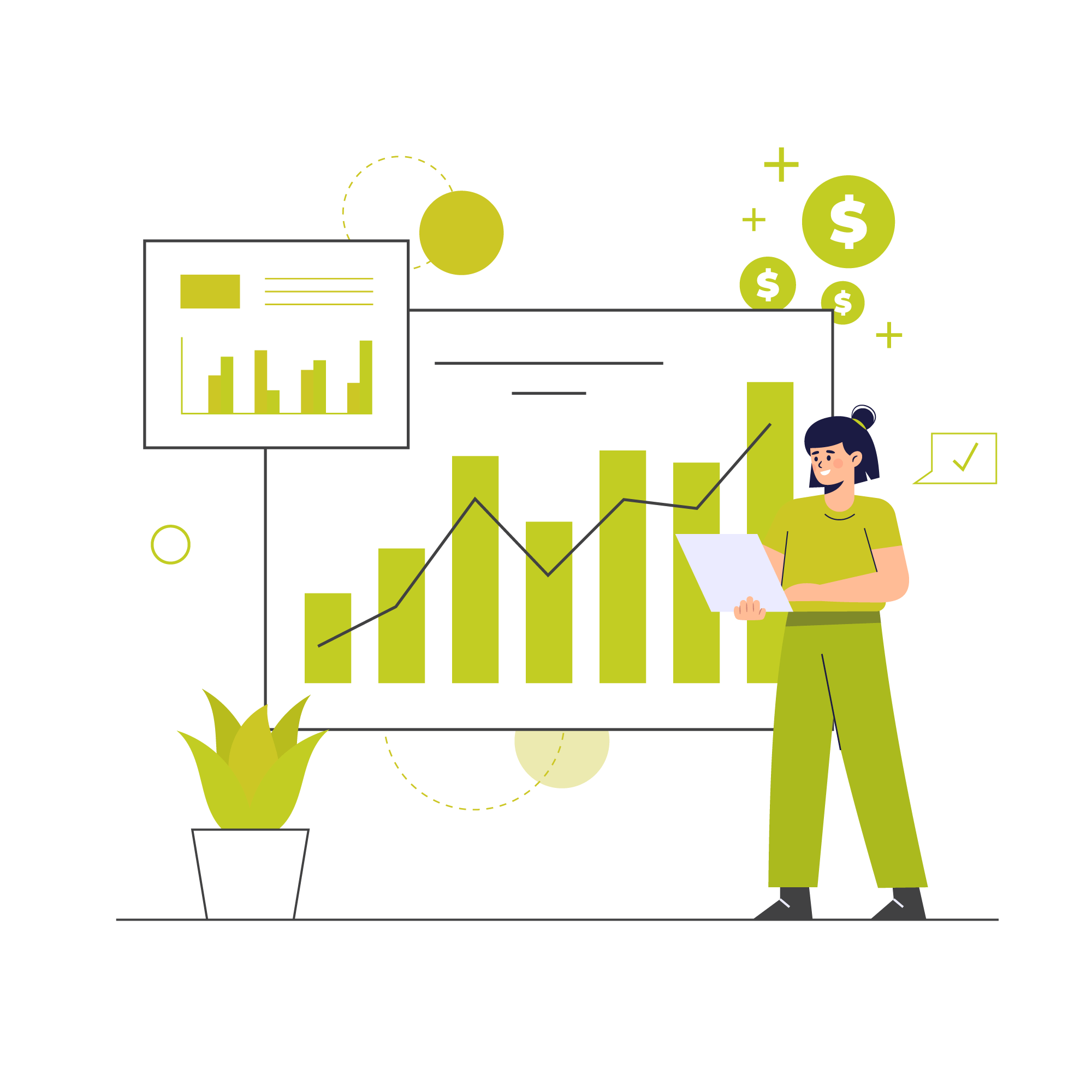 Illustration of a person standing next to a large bar chart and line graph, holding a document. Small graphical elements like a plant, dollar signs, checkmark, and another chart appear around. The overall color scheme is green, white, and yellow.