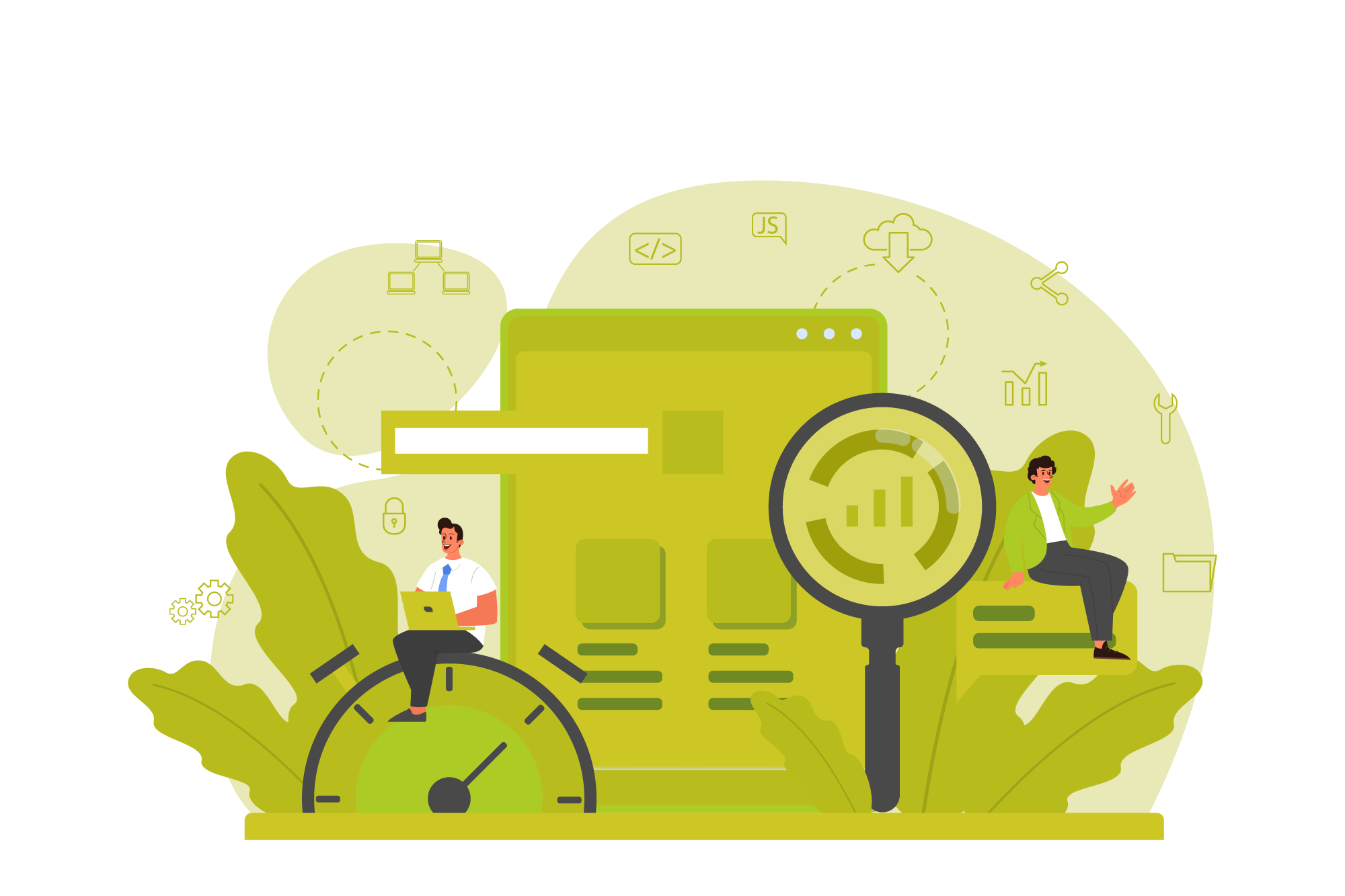 Illustration of two people analyzing data. One person sits on a speedometer icon with a laptop, while the other sits on a bar graph. A large magnifying glass highlights part of a webpage in the background, symbolizing data scrutiny and performance analysis.