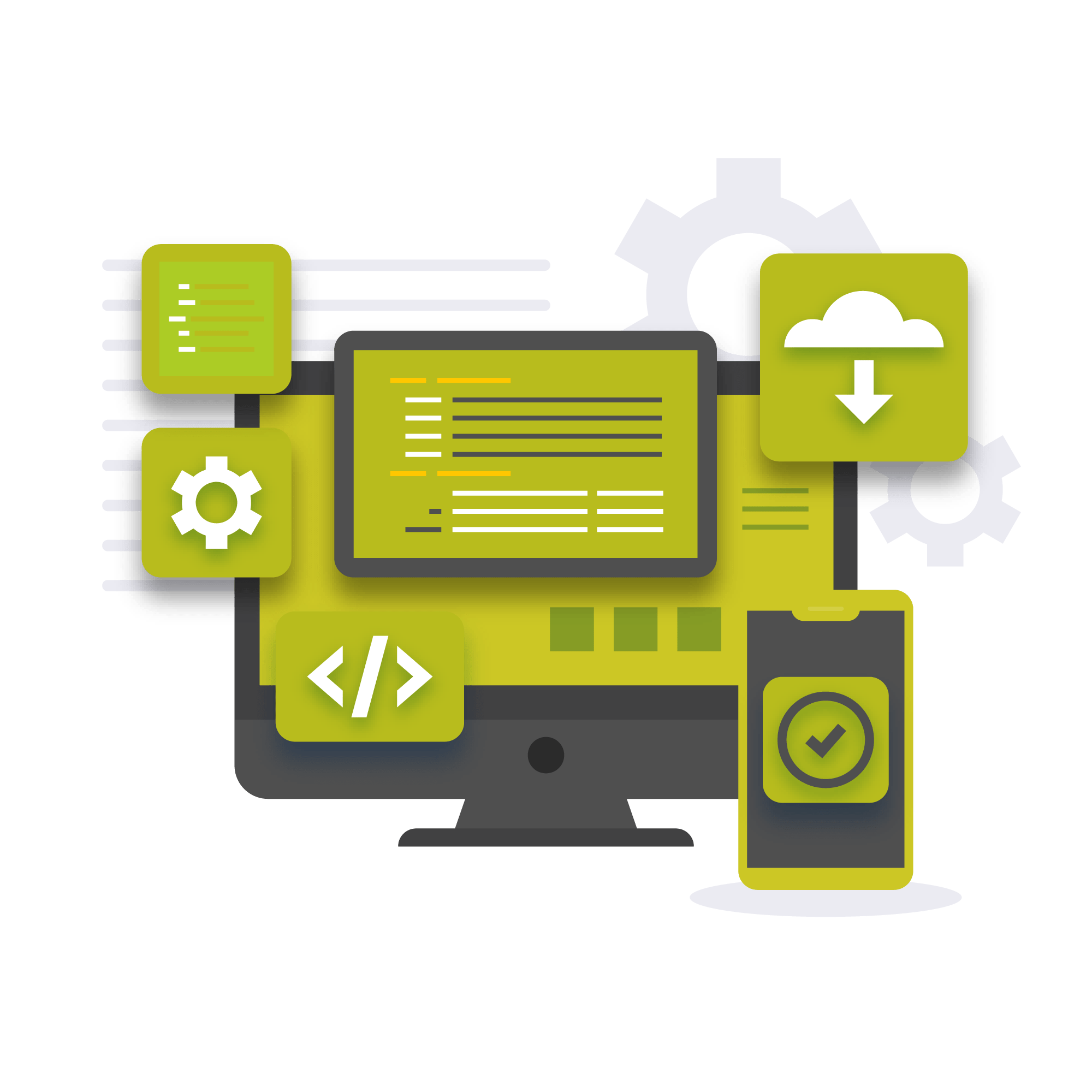 A modern tech illustration showing a desktop monitor with code on the screen, surrounded by icons including gears, a cloud download symbol, a checkmark on a mobile phone, and code tags, representing various aspects of software development and cloud computing.