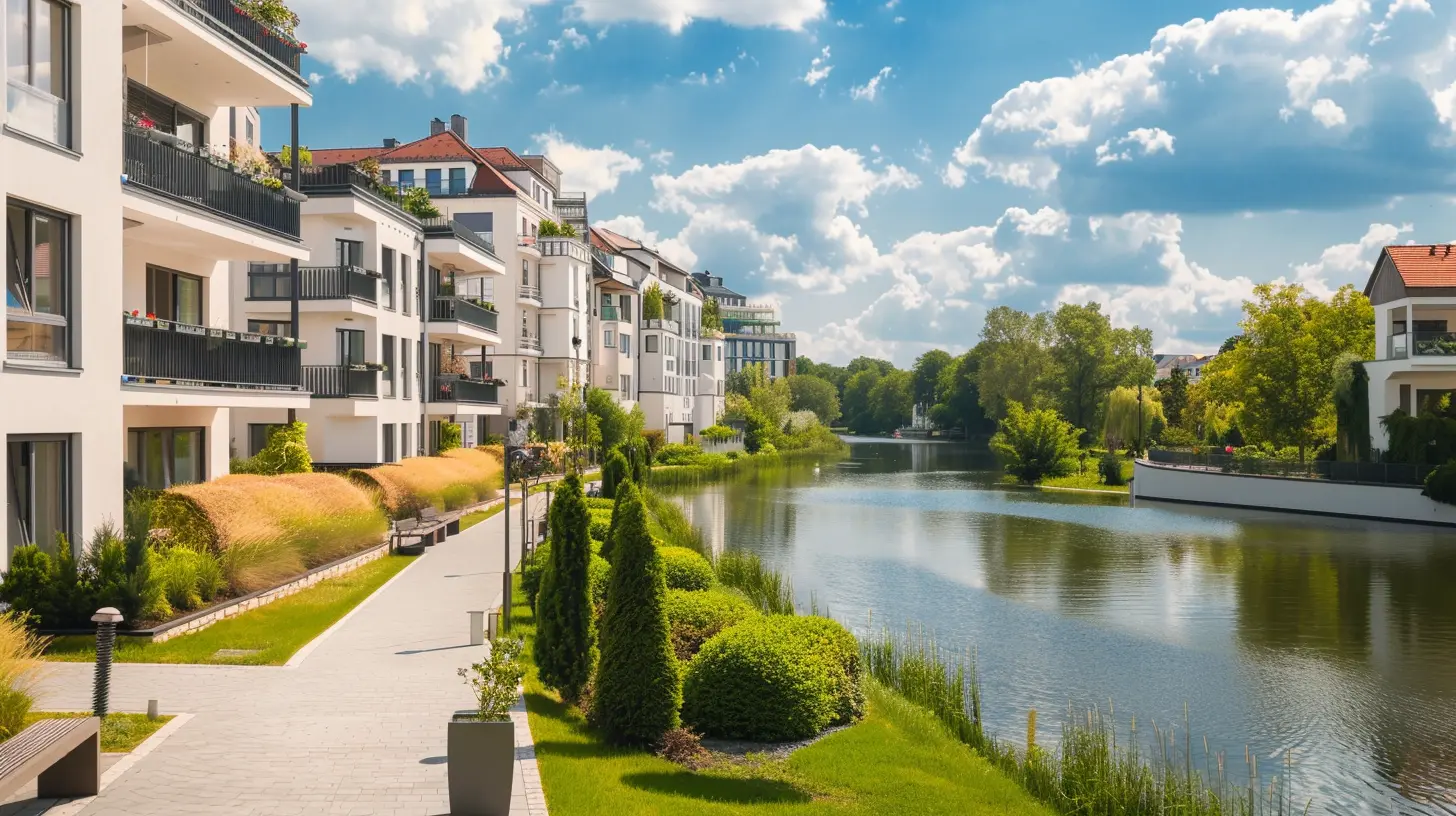 Modern apartment buildings with balconies are situated alongside a calm, tree-lined river under a partly cloudy sky. A well-maintained pathway and lush greenery run parallel to the water, creating a scenic and serene environment.